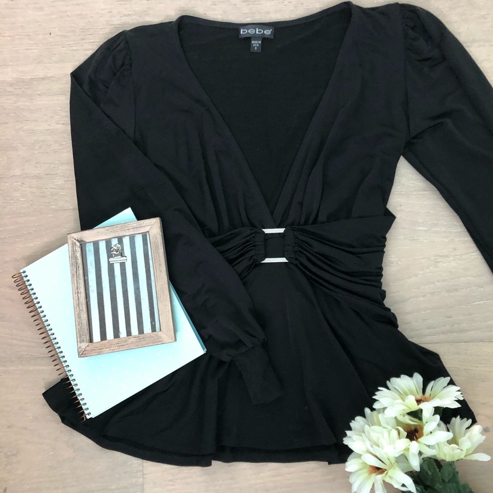 Bebe Black Stretchy Top w/ Bell Bottom Sleeves